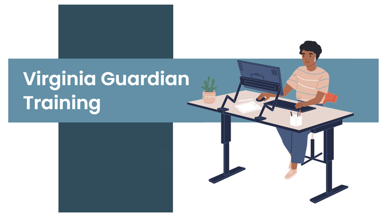 graphic of dark-skinned woman with short black hair sitting at an office desk looking at computer screen.