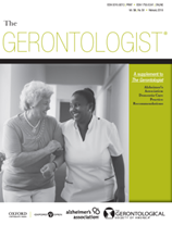 Gerontologist cover featuring nurse and patient walking down a hallway
