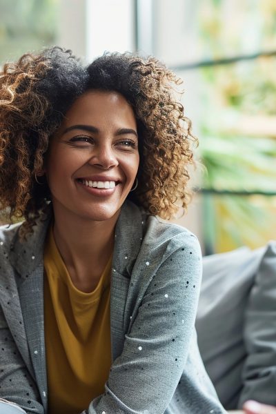 A counselor smiles at two people who site across from her